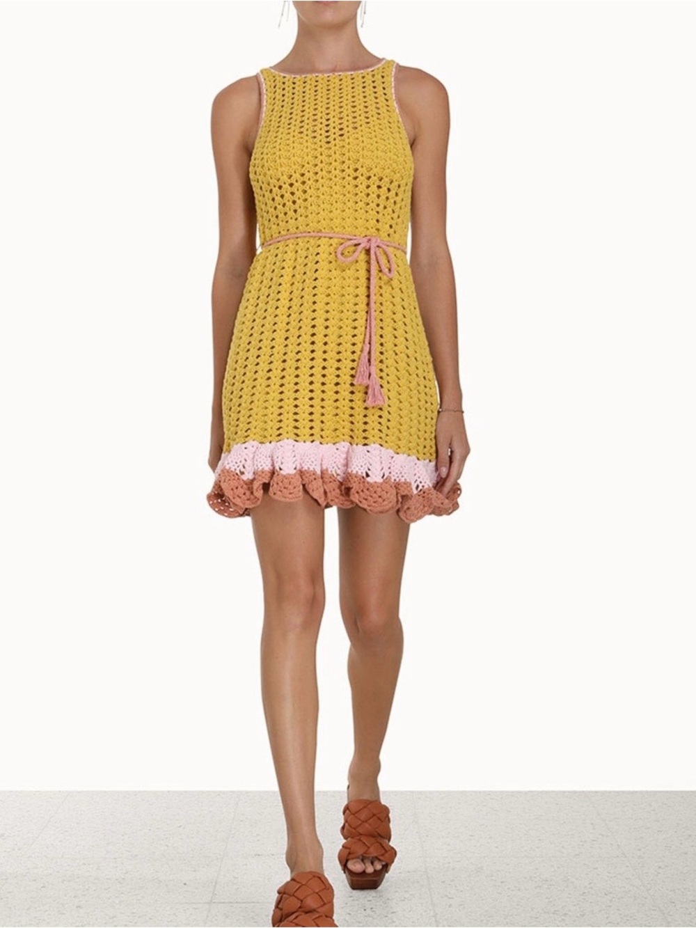 Zimmermann Yellow Crochet Mini Dress with Pink Tie and Brown Ruffled Hem